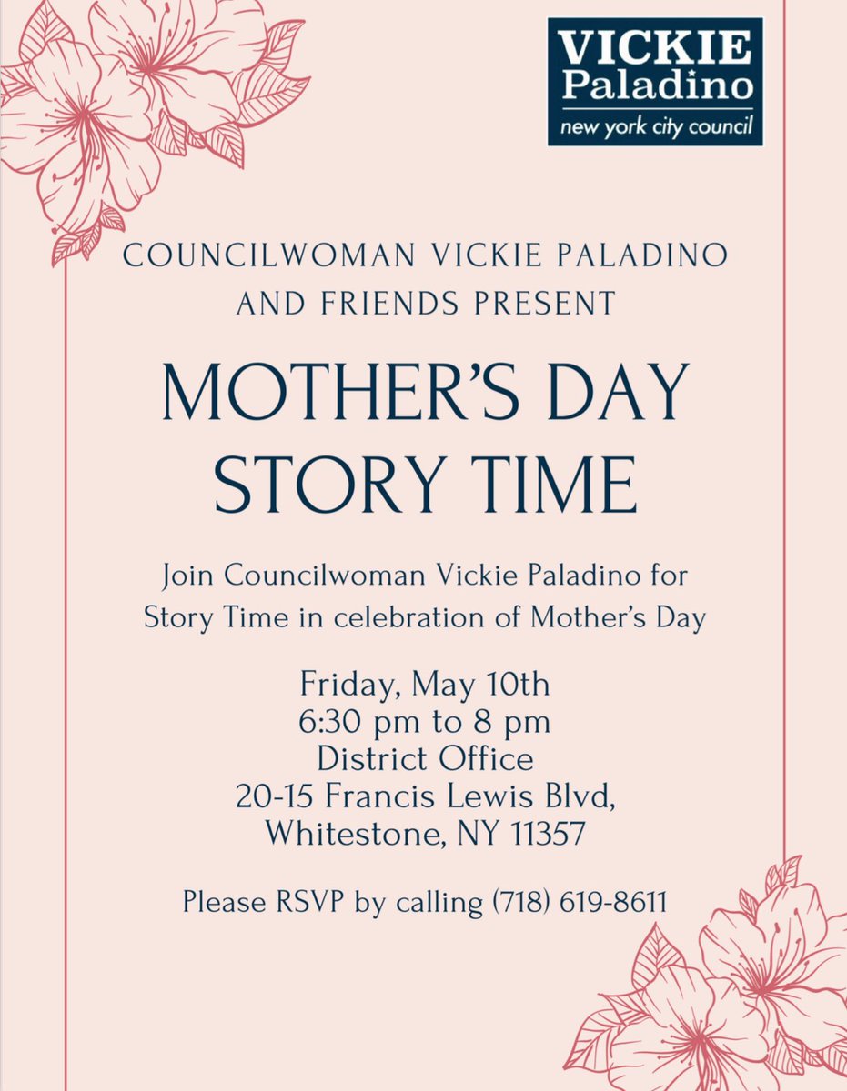One week until Mother’s Day Story Time with myself and special guests! 🌸🌷 Join us next Friday, May 10th at 7 pm for our second story time event at our District Office located at 20-15 Francis Lewis Blvd, Whitestone, NY 11357. Make sure you bring your listening ears for all our…