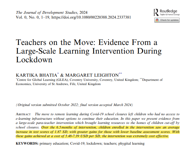 🌍📚 New study by Bhatia & Leighton highlights significant learning gains from a cost-effective para-teacher intervention during COVID-19, bringing education to children's homes. 

👉🏽Check it out: doi.org/10.1080/002203…
@maleighton