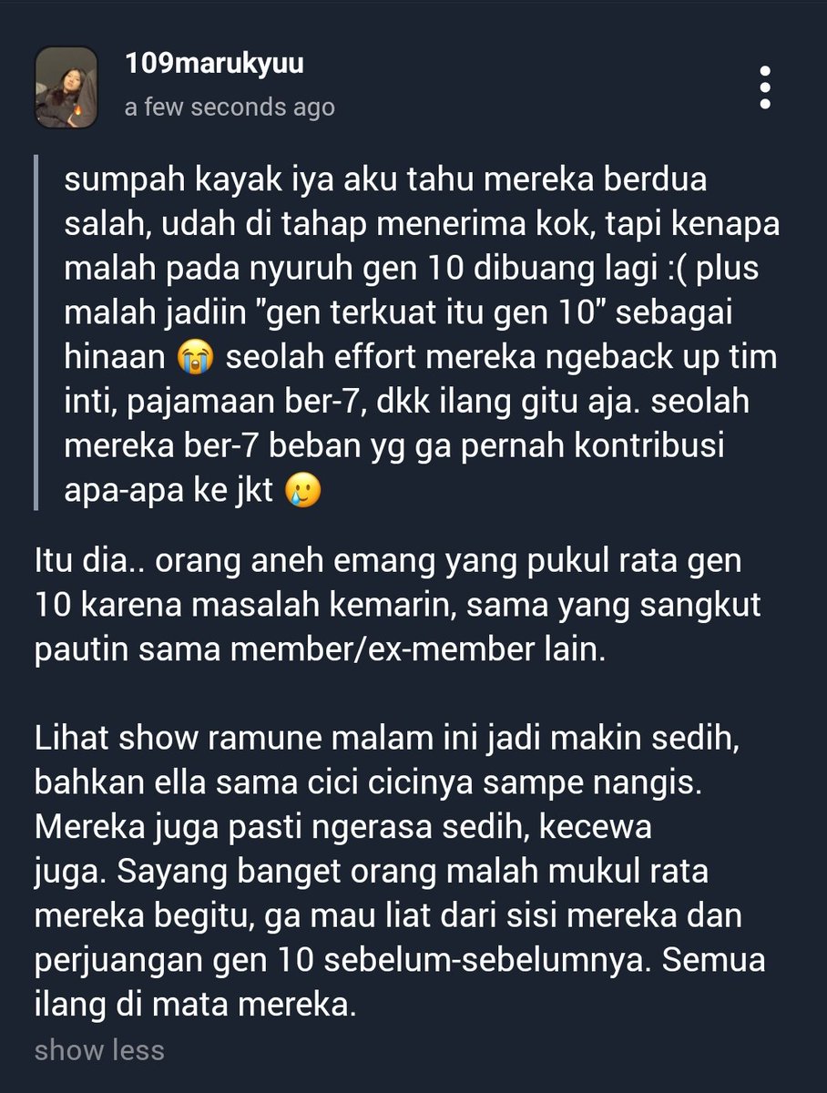 'sumpah kayak iya aku tahu mereka berdua salah, udah di tahap menerima kok, tapi kenapa malah pada nyuruh gen 10 dibuang lagi :( plus malah jadiin 'gen terkua...' - Itu dia.. orang aneh emang yang pukul rata gen 10 karena masalah kemarin, sam... #tellonym