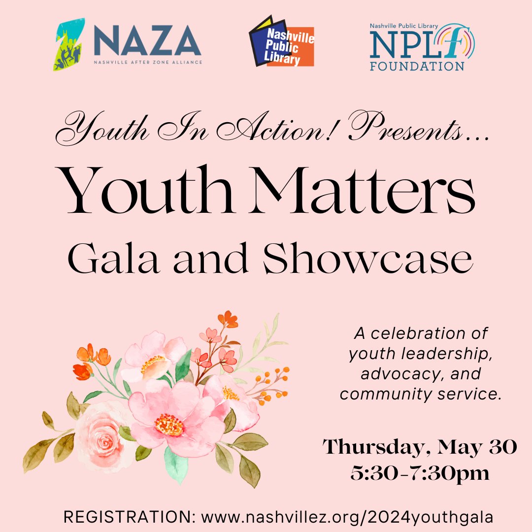 Please join us on May 30 to celebrate Nashville's youth leaders at the 2nd Annual Youth Matters Gala & Showcase! This free event is will feature a showcase of the youth's community projects, hands-on activities, food, music, and more. Register online: naza.my.salesforce-sites.com/SpecialEvents/…