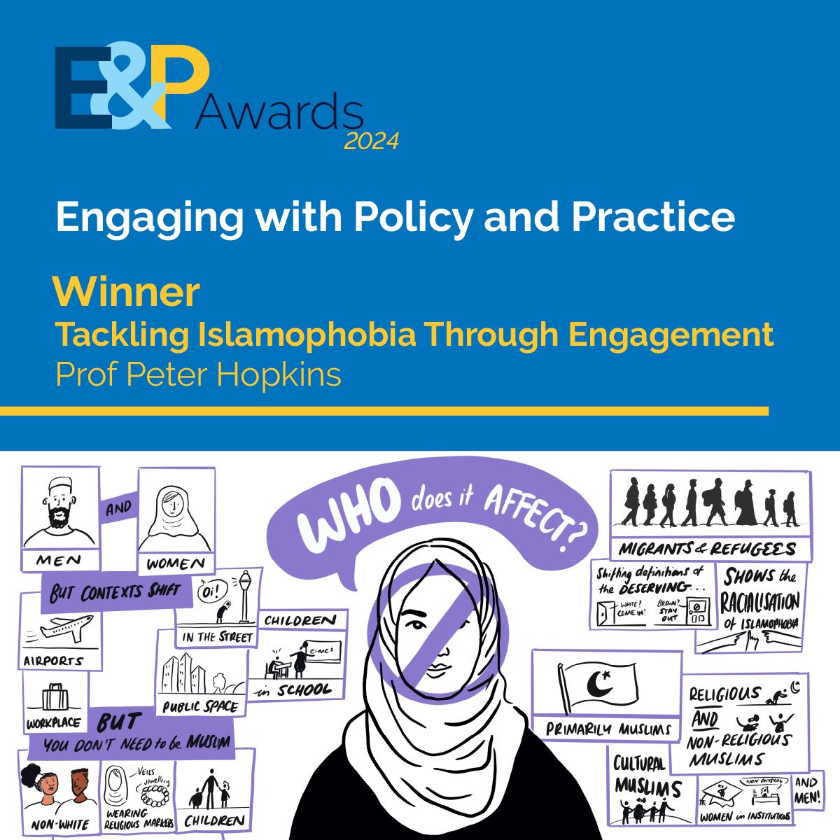 Congrats to Peter Hopkins, our winner for the engaging with policy and practice category! Peter has devoted many years to tackling Islamophobia and such a worthy winner of this award 🏆