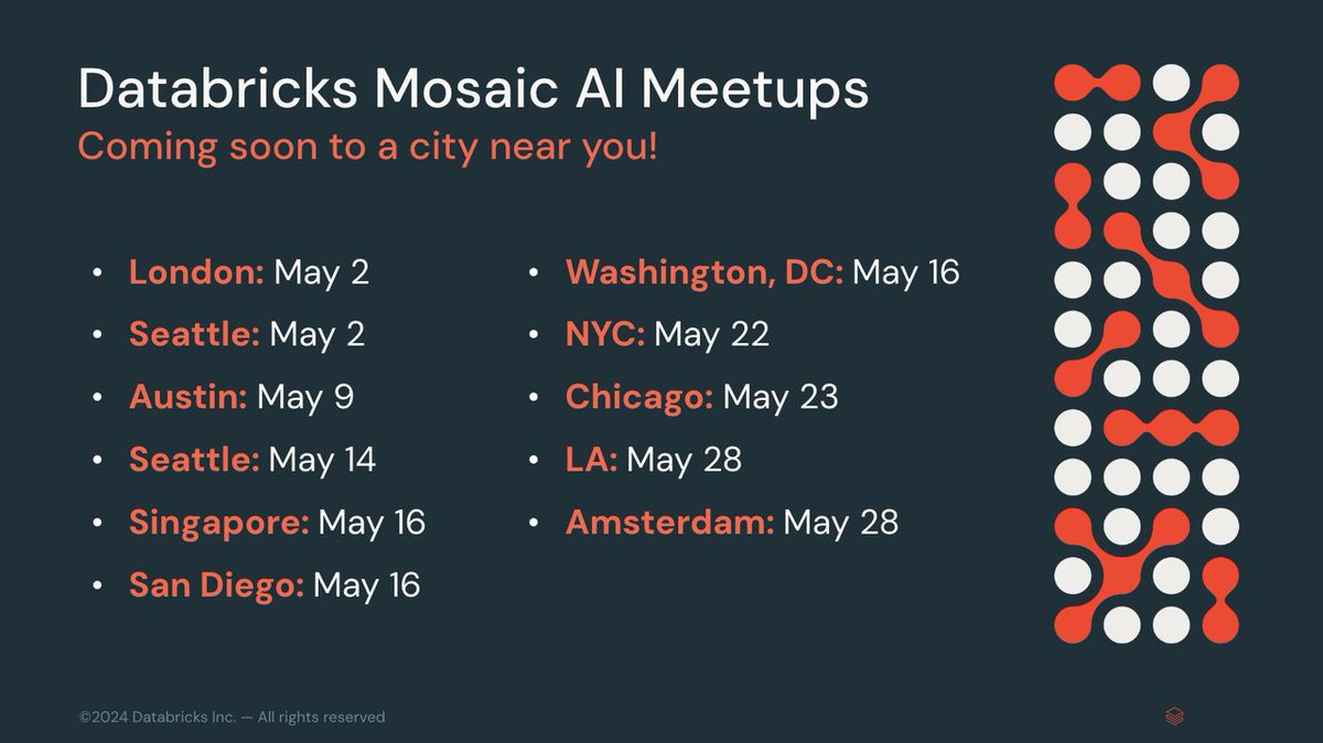 Want to talk AI research and best practices with the people working on it? The @DbrxMosaicAI research team is running meetups worldwide in May. linkedin.com/pulse/databric…