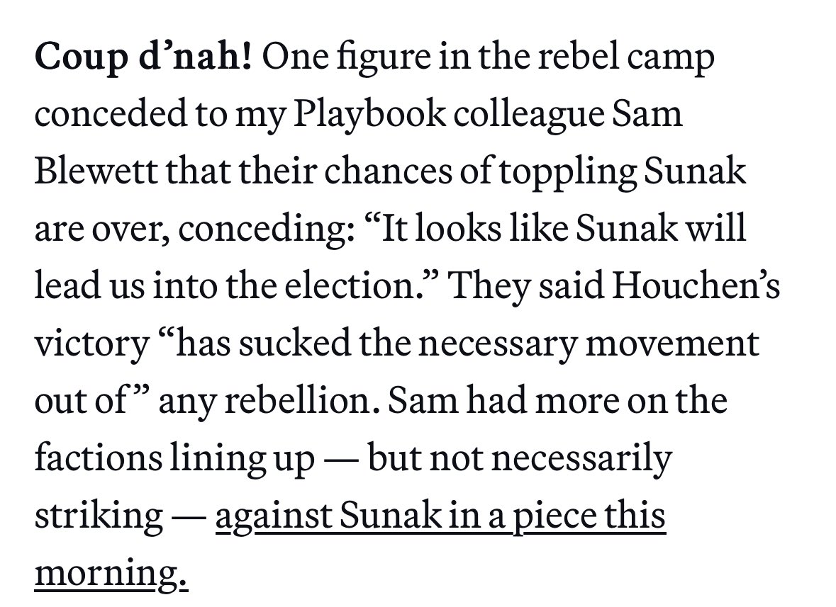 One figure in the rebel camp concedes their chances of ousting Rishi Sunak are over, as glimmers of good news in what are bad election results are securing the PM’s position “It looks like Sunak will lead us into the election” In Playbook PM: politico.eu/newsletter/lon…