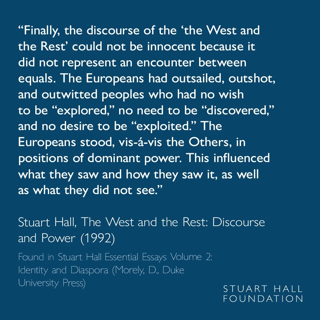 An extract from Stuart Hall's 'The West and the Rest: Discourse and Power'. Join us on Tuesday as Ilan Pappé and @PriyamvadaGopal delve into the vital 1992 essay in an online discussion chaired by @aasiyalodhi. 📆 Tues 7 May 🕠 5.30pm - 7pm BST @DukePress @EsmeeFairbairn