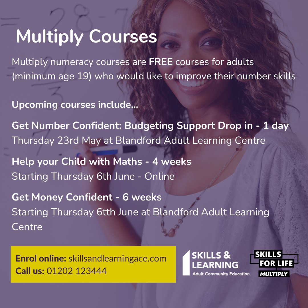 Lacking confidence when it comes to numbers?

Multiply offers FREE numeracy courses for adults 19+ to help boost your confidence!

To find out more visit our website: 

skillsandlearningace.com/courses/query/…

#dorset #bournemouth #poole #adulteducation