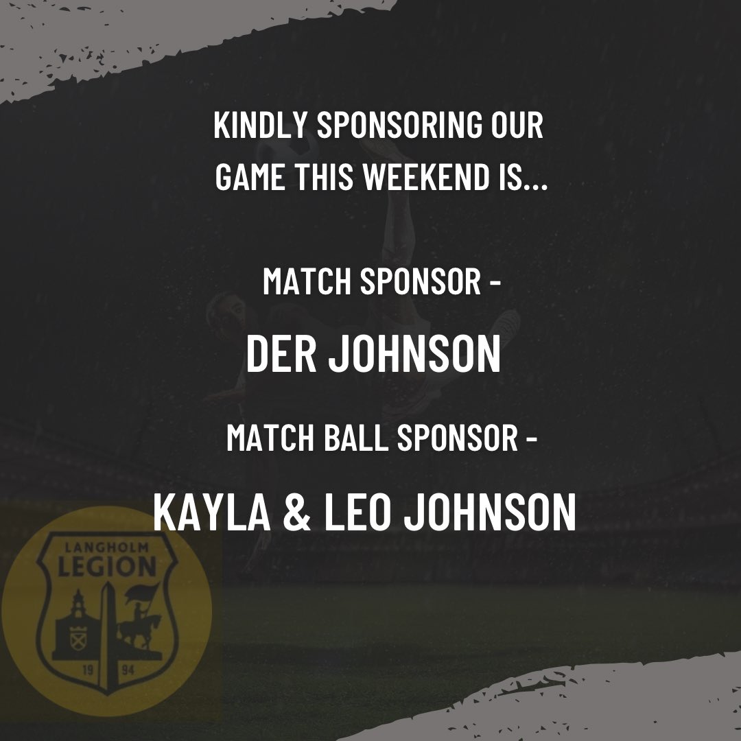 Tomorrow the lads entertain Earlston Rhymers in our last home match of the season. 

Many thanks to this weeks match sponsor Derek Johnson Builder and match ball sponsors Kayla & Leo Johnson  

💛🖤