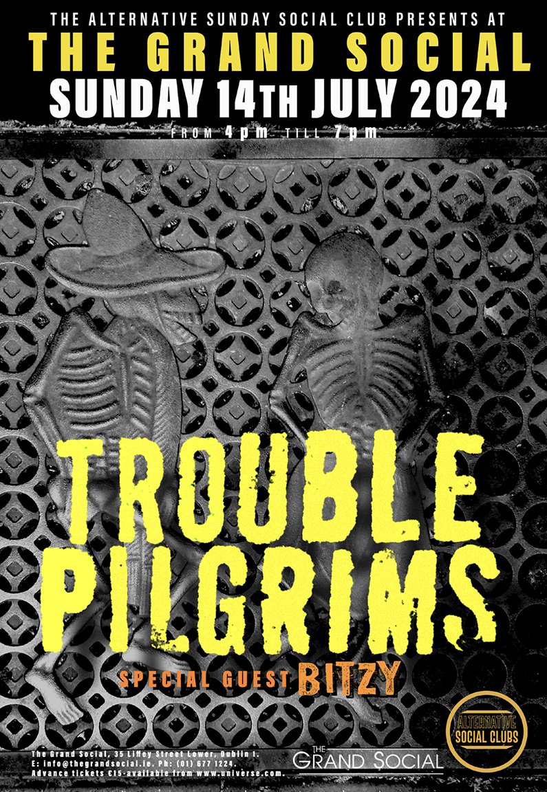 We're delighted to announce that Trouble Pilgrims will be playing the Alternative Sunday Social Club in The Grand Social on July 14th at 4.00pm. This is an all-ages gig, and advance tickets are available from Universe: tinyurl.com/3uepnf2s 😎