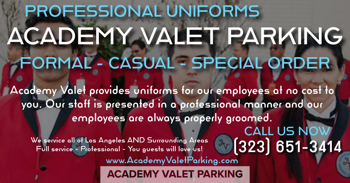 #AcademyValetParking provides uniforms for our employees at no cost to you. Team is professional & properly groomed
AcademyValetParking.com
#PartyParking #ValetParking #PremiereParking #Since1984
#LosAngeles #BeverlyHills #PartyParking #ValetParking #BusinessParking #PrivateParty