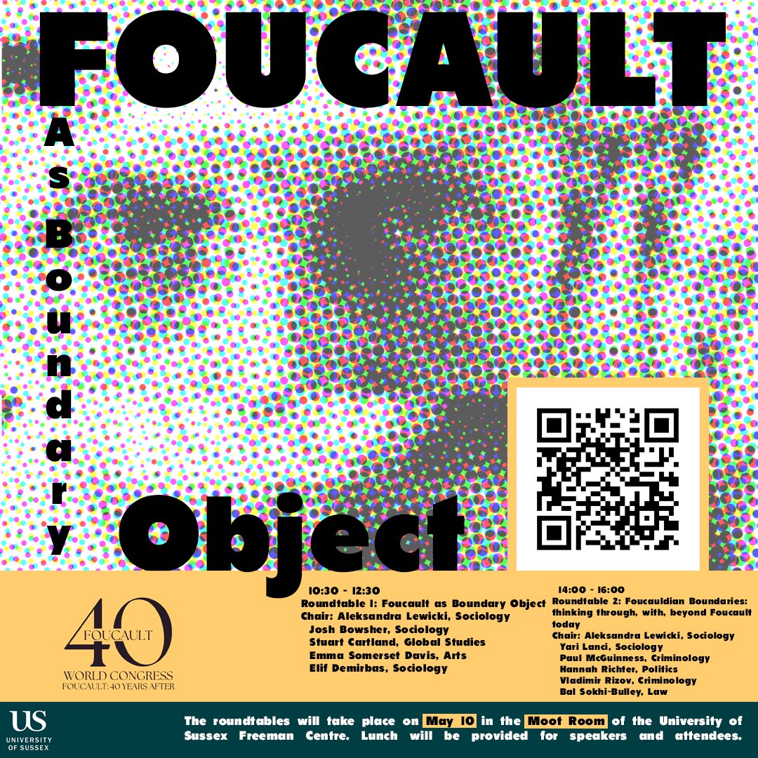 In commemoration of the 40th anniversary of Foucault's death, transdisciplinary roundtables on Foucault’s work as a Boundary Object May 10th, 10:30-16:00 @SussexUni Lunch will be provided. Register here: tinyurl.com/ykhb9e5u