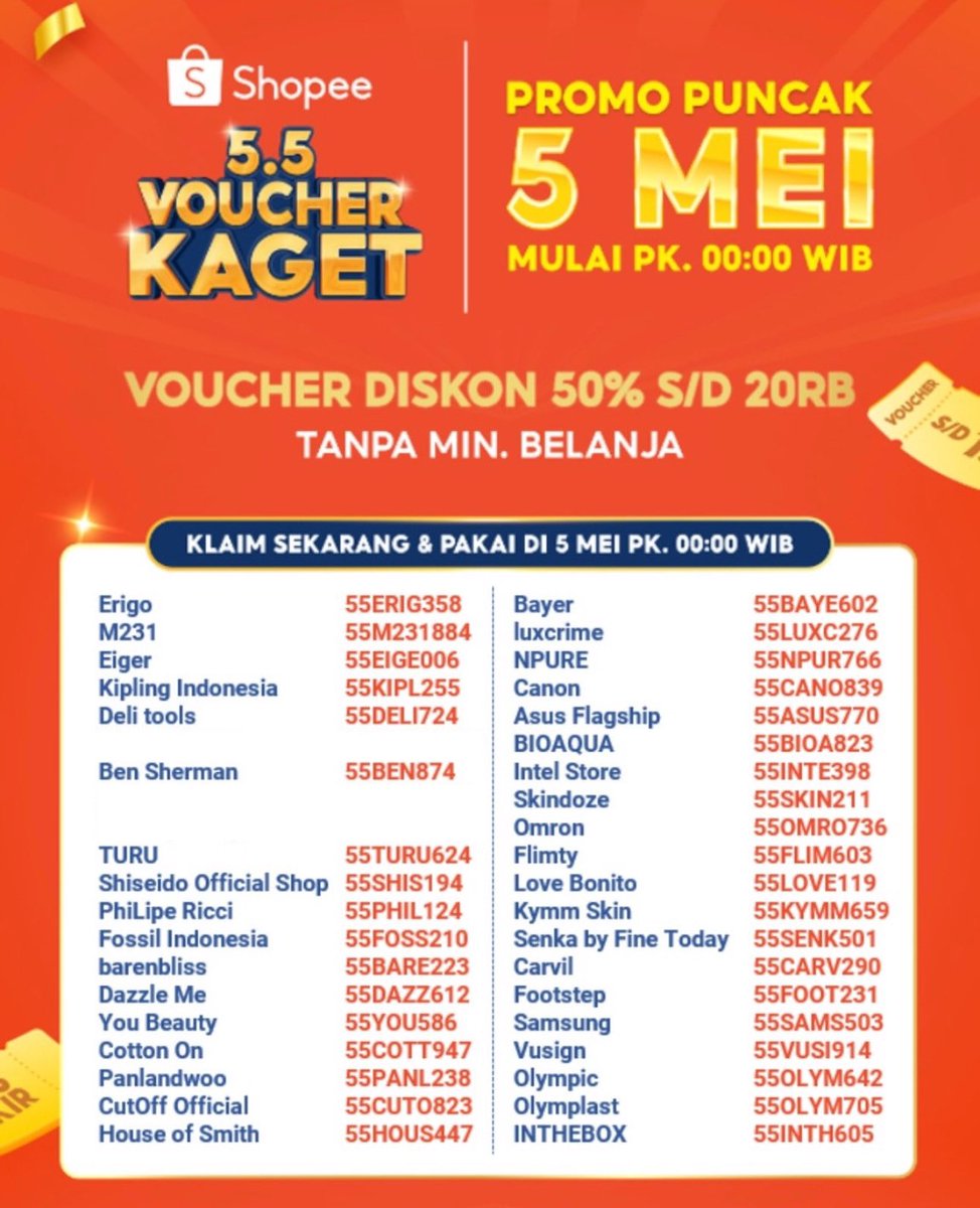 Tambah lagi amunisi voucher diskon 50% s/d 20RB buat 5.5 🔥

Erigo
55ERIG358
M231
55M231884
Kipling Indonesia
55KIPL255
Deli tools
55DELI724
Ben Sherman
55BEN874
TURU
55TURU624
Shiseido Official Shop
55SHIS194
PhiLipe Ricci
55PHIL124
Kymm Skin
55KYMM659
Fossil Indonesia
55FOSS210…