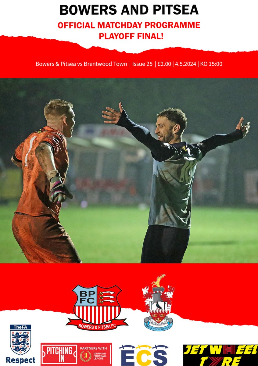 Just under 24 hours to go until @Bowerspitseafc & @BrentwoodTownFC clash in the @IsthmianLeague Play-Off Final

A place at step 3 up for grabs.

Be sure to pick up your programme on the gate for just £2

@Hughesy1David & Ben Williamson make this weeks cover!

@nlprogs
