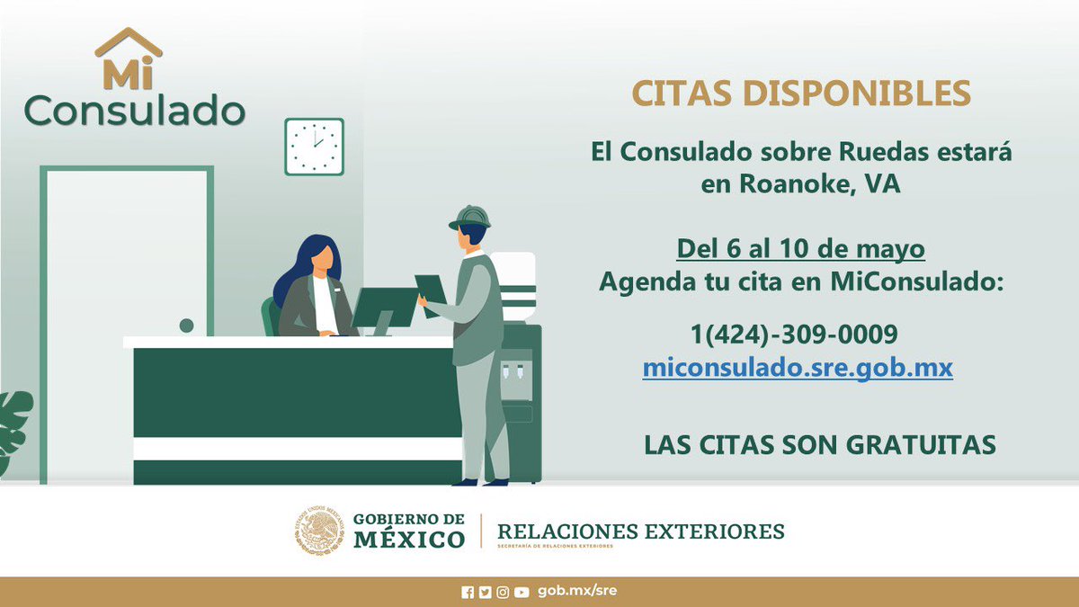 ✅ El Consulado Sobre Ruedas estará en Roanoke, Virginia del 6 al 10 de mayo.

Agenda tu cita en MiConsulado 👇🏻