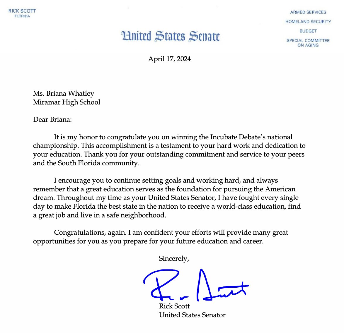 Thank you, @SenRickScott, for sending a congratulatory letter to our 2024 National Champion, Ms. Briana Whatley!