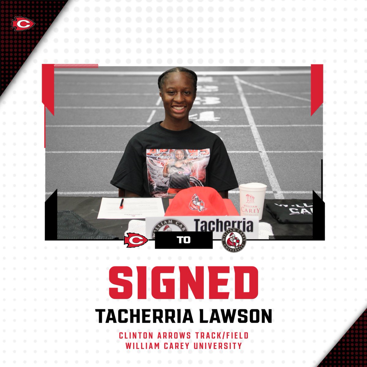 This morning, @WeAreArrowTrack star Tacherria Lawson signed a National Letter of Intent to continue her career at William Carey University. We are so proud of Shay and cannot wait to follow her success. @ClintonSchools @HeadArrowTRK