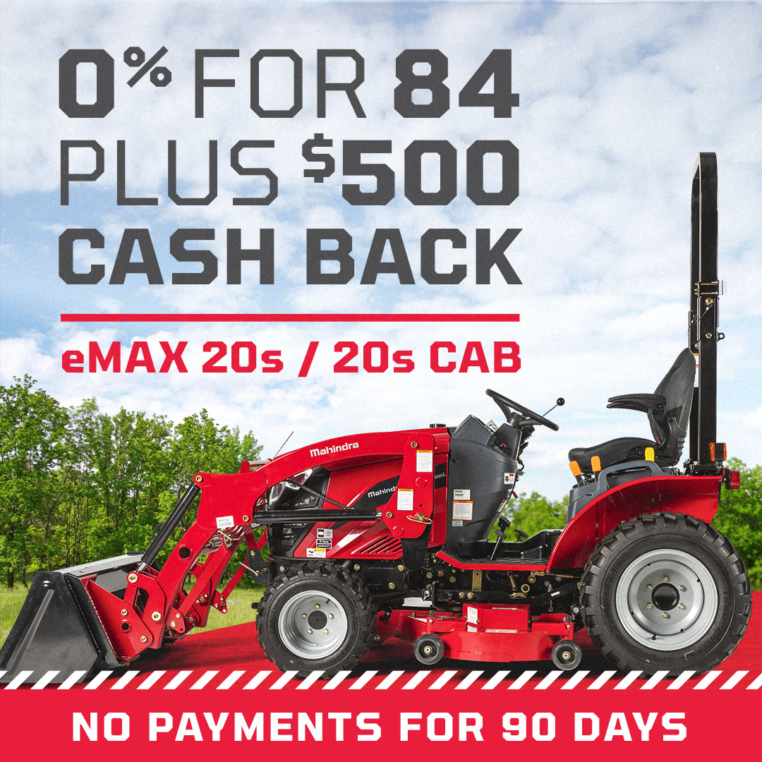 We’re taking our Spring Sales Event to a whole new level…with 0% for 84 months AND $500 cash back on the eMAX 20 S and 20 S Cab. Get it today at your local Mahindra dealer. #MahindraTractors #MahindraTough