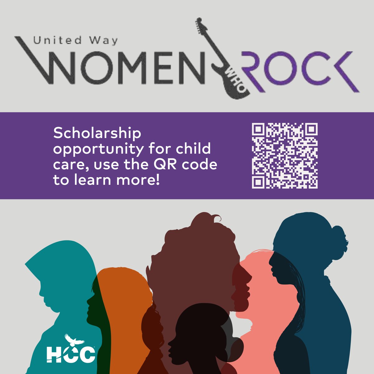 Are you a parent going back to school? United Way is offering a Women Who Rock scholarship opportunity for child care. Use the QR code to learn more #scholarship #hcc