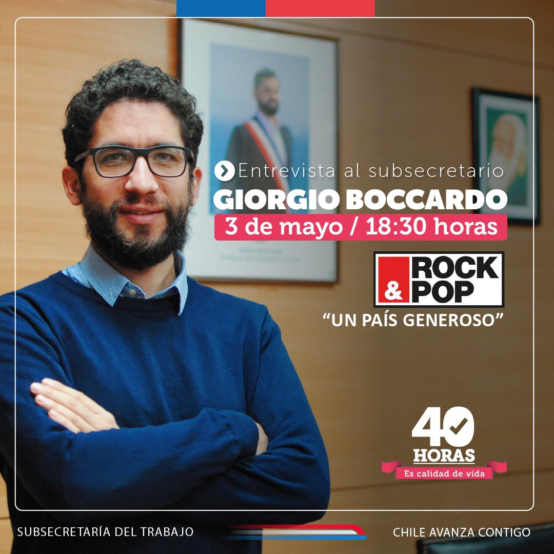 📻Hoy en #UnPaísGeneroso de @rockandpop, @Macahansen e @ivanguerrerom conversarán con el subsecretario @gboccardobosoni sobre la implementación de la #Ley40Horas y cómo le mejora la calidad de vida a trabajadoras/es. 🎧Escúchalo desde las 18:30 horas en rockandpop.cl🎙️