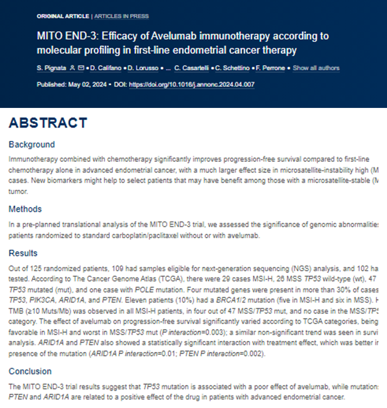 Interesting results 😱🙌🏻of the MITO END-3 clinical trial highlight that immunotherapy with adjuvant Avelumab and chemotherapy significantly improves survival in patients with advanced #endometrialcancer. 🌟Response variability associated with molecular profiling was observed: