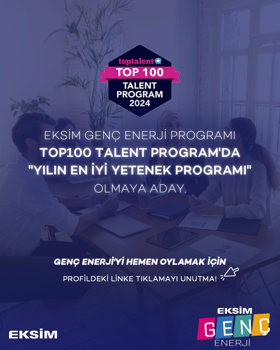 En iyi yetenekleri seçme zamanı! 

TOP100 Talent Program'da, Eksim Genç Enerji Programı'mız ile ''Yılın En İyi Yetenek Programı'' olmaya adayız. 

Siz de favori yetenek programınız 'Eksim Genç Enerji Programı' diyorsanız, bize oy vermek için linke tıklayın.