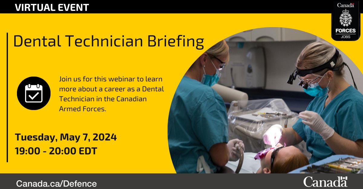 Dental Technicians in the #CAF provide care to members at military dental clinics, in the field, onboard ships, and on operations around the world. Join us virtually on Tuesday, May 7, 2024 to learn more about this career forces.ca/en/events/#/de…