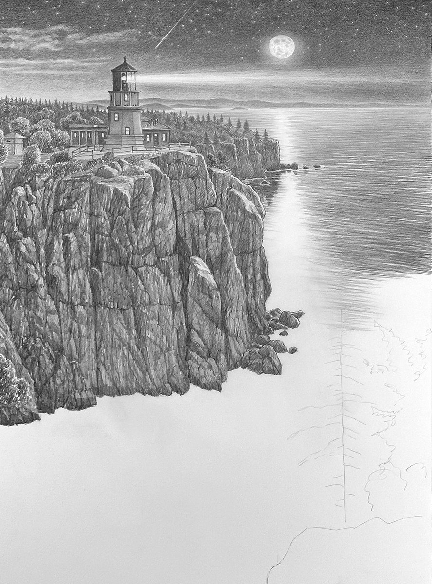 📍 Split Rock Lighthouse, MN It's hard to preserve the white of the paper for the stars and Moon when using a pencil to sketch skyscapes. I cut a frisket for the Moon to protect it from graphite. 𖧥⁠ 𖧥⁠ 𖧥⁠ @ mndnr @exploreminn #OnlyInMN