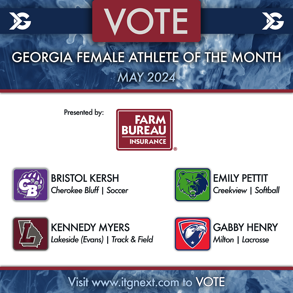 Click the link below to vote for the ITG Next Georgia Female Athlete of the Month, Presented by @GaFarmBureau #sponsored itgnext.com/vote-itg-next-… @BristolKersh9 @EmilyPettit2025 @BluffCherokee @CVHSGrizzlies @LHS_EvansGA @MiltonHSEagles