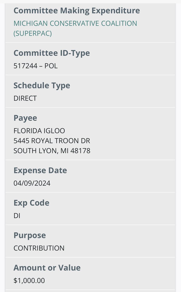 Weird expense by the Maddock run Super PAC. The only expense after a CF report that shows no donations. Person named Mark Gallina lives at this residential address that reporting conveniently left a 0 off of.