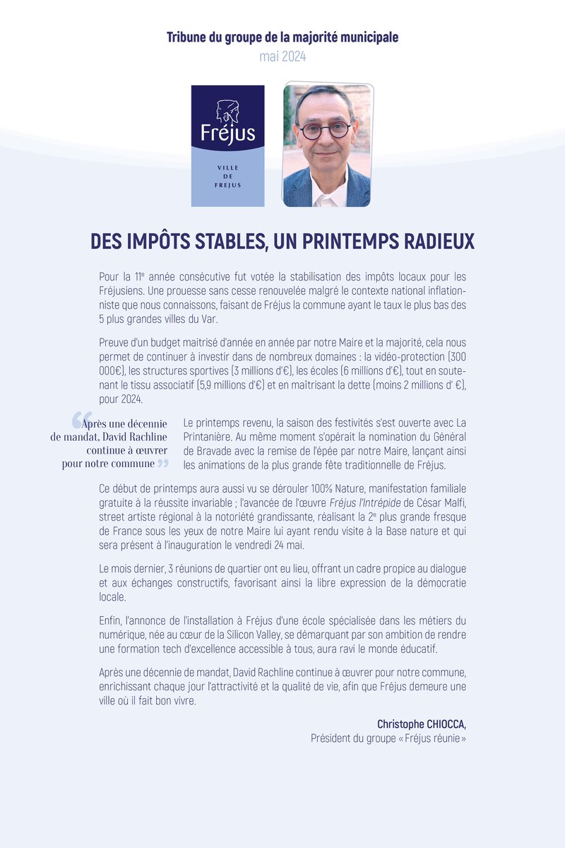 C’est dans le magazine du mois de #Mai de la @VilleDeFrejus que vous retrouverez La Tribune du groupe de la majorité municipale « Fréjus Réunie » !