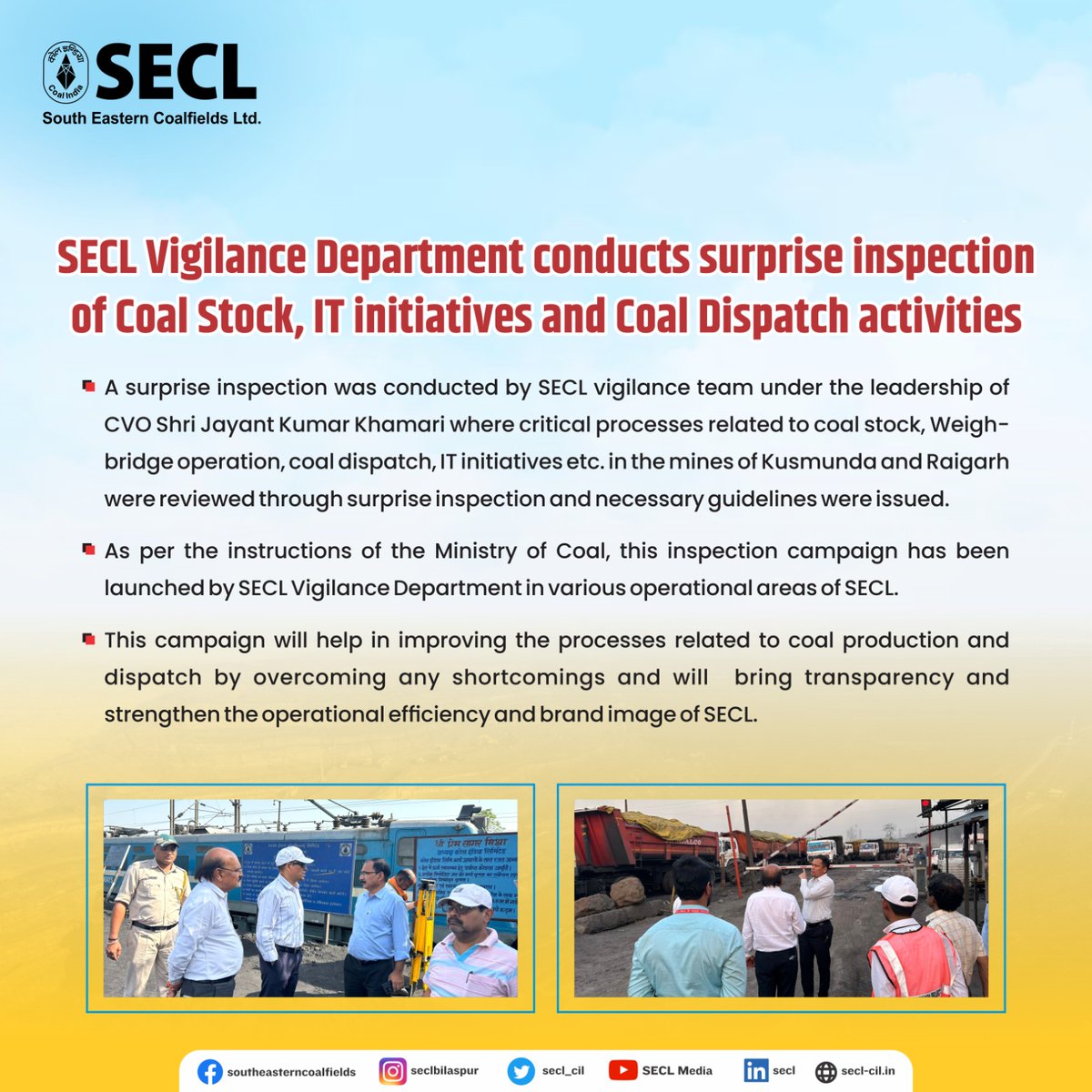 SECL Vigilance Dept. initiates inspection campaign in SECL mines. Team led by CVO Shri Jayant Kumar Khamari conducts surprise inspection in mines, reviews coal stock and coal measurement processes, and implementation of IT solutions. 
@CoalMinistry @CoalIndiaHQ @CVCIndia