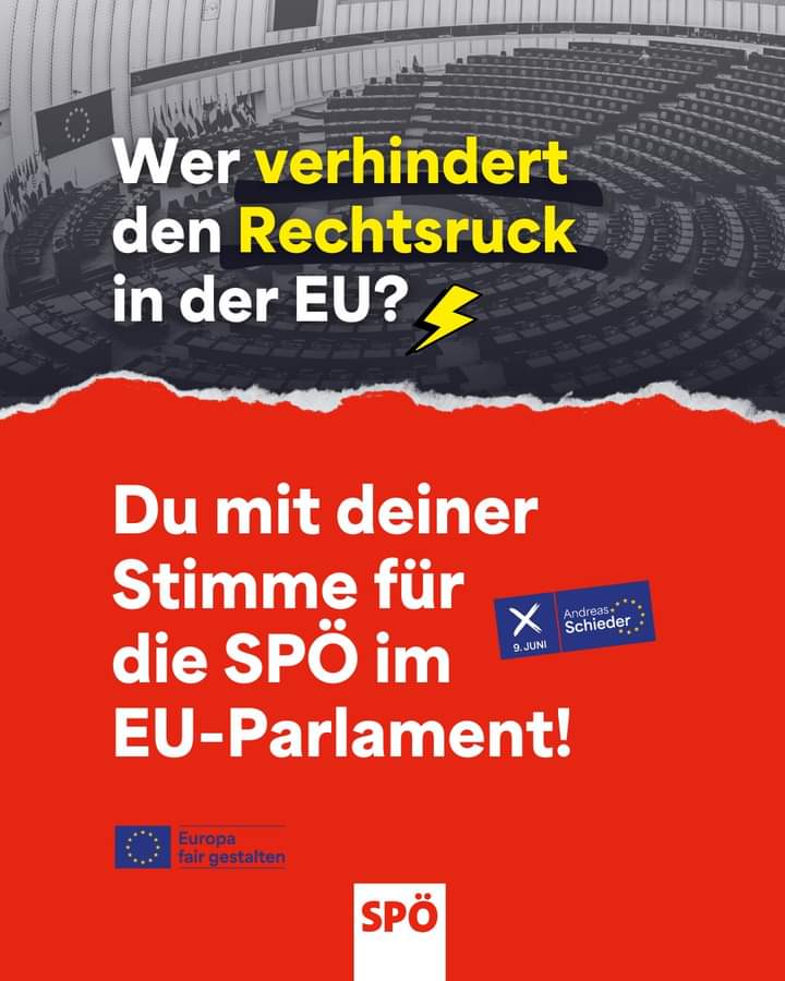 Am 9. Juni setzen wir uns entschlossen für ein solidarisches, demokratisches Europa ein, das soziale Gerechtigkeit fördert. Gegen den Rechtsruck verteidigen wir unsere Werte und stärken Demokratie und Grundrechte. Deine Stimme am 9. Juni ist entscheidend! @SPOE_at