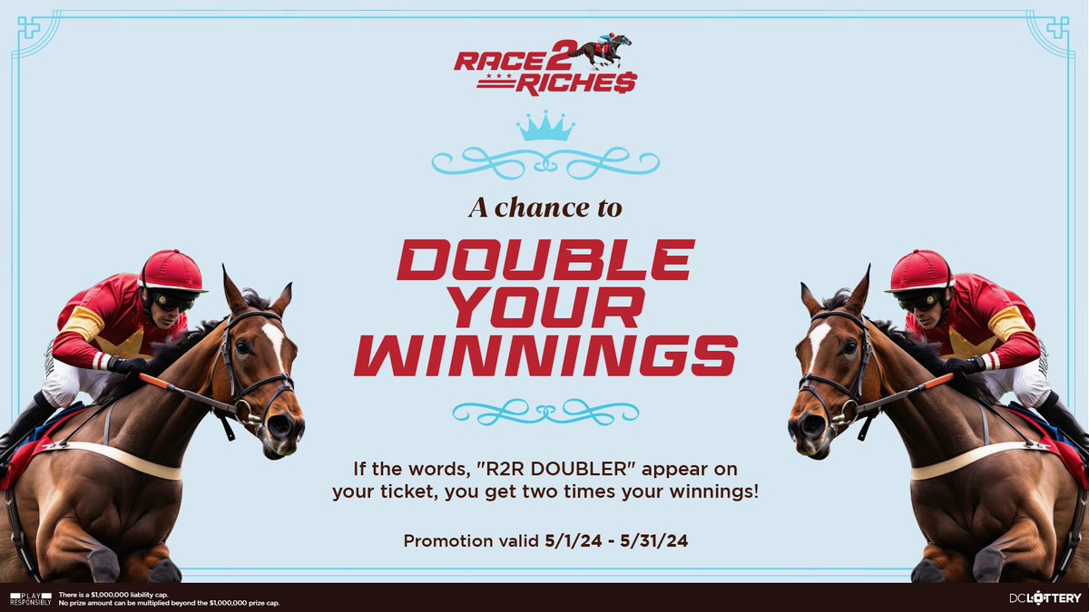 The Kentucky Derby isn't your only chance to win on the ponies in May! 🐎 

Play Race2Riches, and if you see 'R2R DOUBLER' on your ticket, you get 2x the winnings! 🏇 💰 

Get playing here!: bit.ly/49Q0Zde
