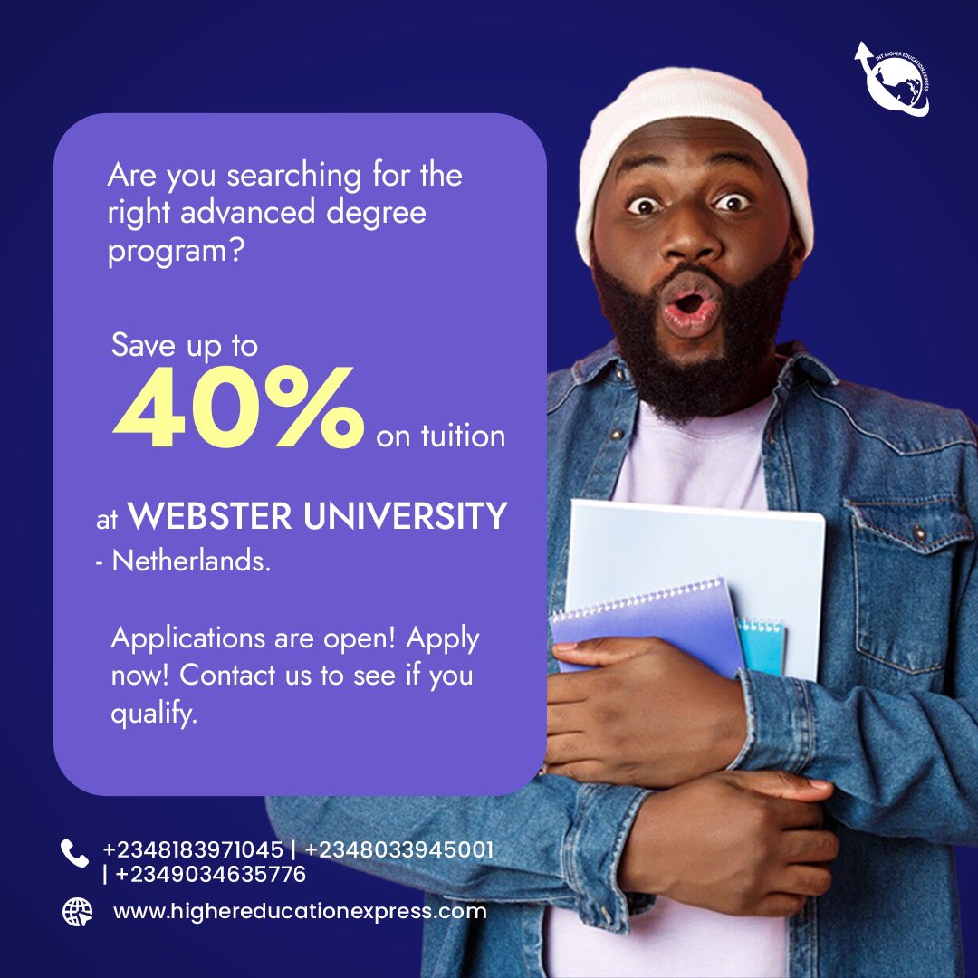 Application are open now! 

Contact our office to see if you qualify 
📲 +234-818-397-1045
📲 +234-803-394-5001
📲 +234-903-463-5776
•
•
•
•
•
•
 #StudyAbroad #GlobalEducation #ScholarshipOpportunity #EducationAbroad #ExpandYourHorizons 
#Websteruniversity