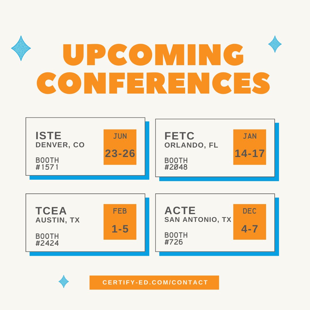 #ComeSeeUs!  Certify-ED will have a booth at the conferences below. Please stop by, say hello, and take a “test-drive” of our award-winning, VR-based, CTE-focused curriculum!  #educationconferences #ISTE2024 #FETC2025 #TCEA2025 #ACTE2025