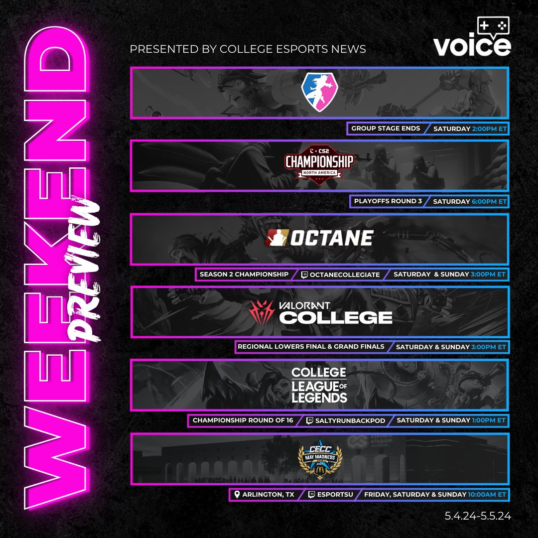 College Esports News 🔥 (@collegeenews) on Twitter photo Finally, it's the weekend 🤩
🔫 OWCC Group Stage ends
📅 Saturday at 2pm ET
🔫 <a href="/FACEITCollege/">FACEIT Collegiate</a> CS2 Championship
📅 Saturday at 6pm ET
💥 <a href="/OctaneCollege/">Octane Collegiate</a> Season 2 Championship
📅 Saturday & Sunday at 3pm ET
📺 twitch.tv/octanecollegia…
⚔️ VALORANT College Regional Finals
📅 Finally, it's the weekend 🤩
🔫 OWCC Group Stage ends
📅 Saturday at 2pm ET
🔫 <a href="/FACEITCollege/">FACEIT Collegiate</a> CS2 Championship
📅 Saturday at 6pm ET
💥 <a href="/OctaneCollege/">Octane Collegiate</a> Season 2 Championship
📅 Saturday & Sunday at 3pm ET
📺 twitch.tv/octanecollegia…
⚔️ VALORANT College Regional Finals
📅