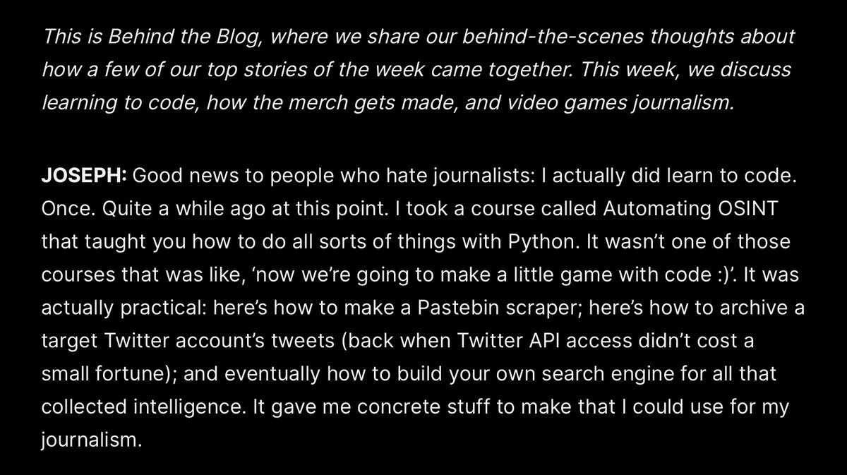 This week’s Behind The Blog is up! The time of the week we go a bit behind the scenes of 404 Media - me on learning Python again - Jason on making our merch - Emanuel on getting back into covering video games - Sam on earlier space reporting 404media.co/behind-the-blo…