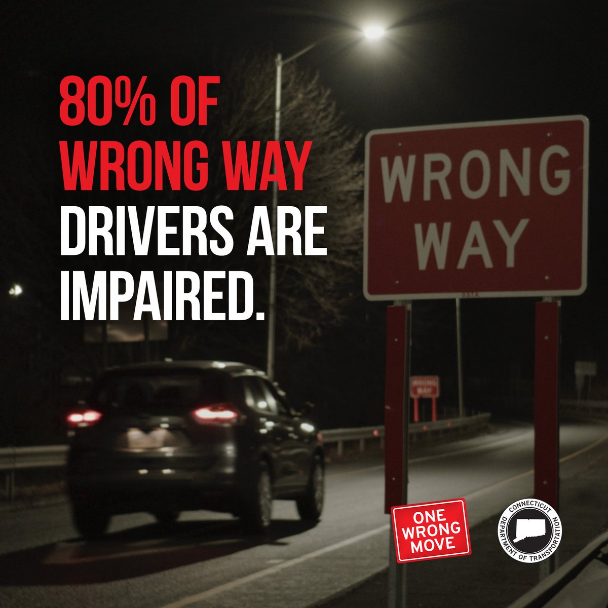 More than 80% of wrong way drivers are found to be impaired.

It is so important people think twice before you get behind the wheel because one wrong move can be deadly.

#CTDOT #WrongWay #ImpairedDriving #DriveSafe