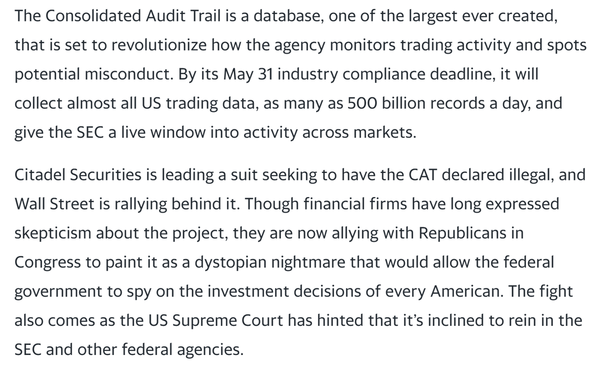 This is so weird - the SEC is finally able to use a data platform to police and surveil markets (which was identified as a critical need back in 2010 after the Flash Crash) and suddenly Citadel steps in to block it? Why would they not want the SEC to be able to police markets?