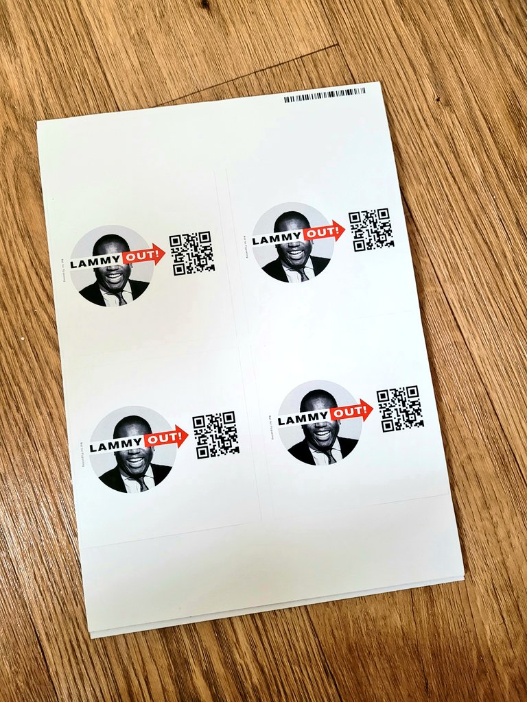 The #LammyOut stickers have arrived. These will be placed all over Tottenham in order to get more people to join our movement. If you see one, take a pic, upload it to Twitter and / or Instagram, and tag us!