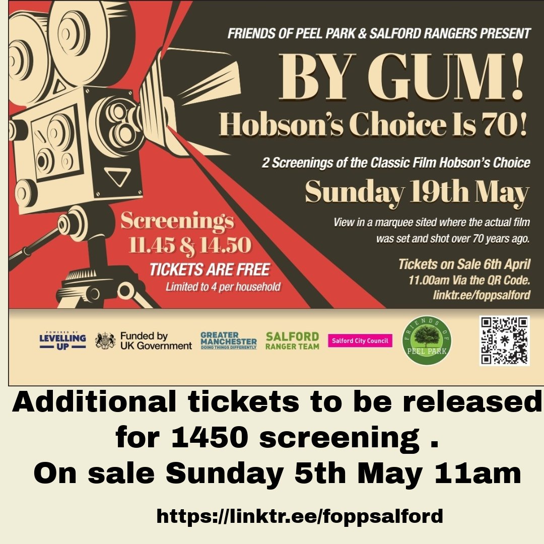 We have some more seats for the 1450 screening. These will be available via the link this Sunday at 11am. Places are limited so be quick linktr.ee/foppsalford #HOBSONSCHOICEIS70