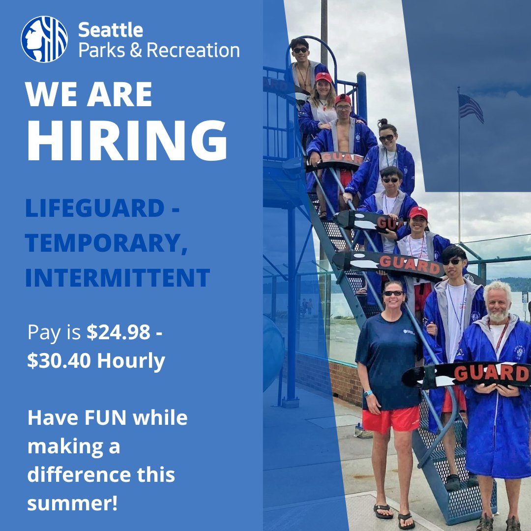 Looking for a great summer part-time job that pays up to $24.98 - $30.40/hour?! Apply to become a Seattle Parks and Recreation Lifeguard! You'll meet new people, make new friends and enjoy the pool and/or summer beaches while getting paid! governmentjobs.com/careers/seattl…