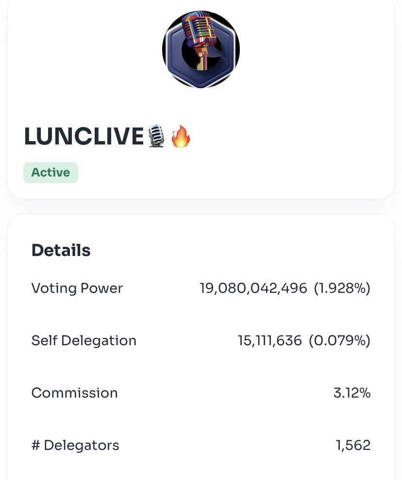 The @Luncliveorg validator is close to making a new ATH for staking! 

We are ranked #14/100, have 1,562 delegates, support #Binance, have supported the $LUNC recovery since May 2022, focus on Feed The World in Brazil 🇧🇷, and believe in #LunaClassic.

Join us today! 💎🤲🏻 #LUNC