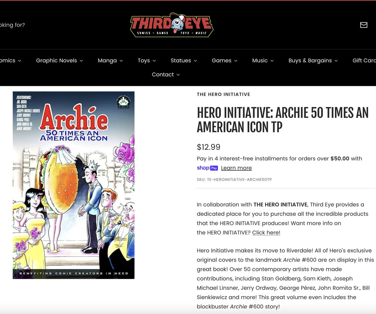 Hero Initiative is totally SOLD OUT of our Archie art book paperback, but our friends @thirdeyecomics have a VERY few copies left! Get yours before they're 100% GONE! Go: shop.thirdeyecomics.com/products/hero-…