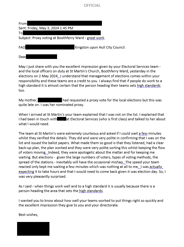 ๐๐๐ฅ๐ฅ ๐๐ฆ๐๐๐ค๐ (@cexhcc) on Twitter photo After a long couple of days running the <a href="/Hullccnews/">Hull City Council</a> local & Hull area part of the <a href="/HumbersidePCC/">Humberside PCC</a> elections, it's time to say a HUGE thank you to all the council staff & individuals who have worked so hard to ensure they went smoothly. This note from a happy voter says it all ๐๐ After a long couple of days running the <a href="/Hullccnews/">Hull City Council</a> local & Hull area part of the <a href="/HumbersidePCC/">Humberside PCC</a> elections, it's time to say a HUGE thank you to all the council staff & individuals who have worked so hard to ensure they went smoothly. This note from a happy voter says it all ๐๐