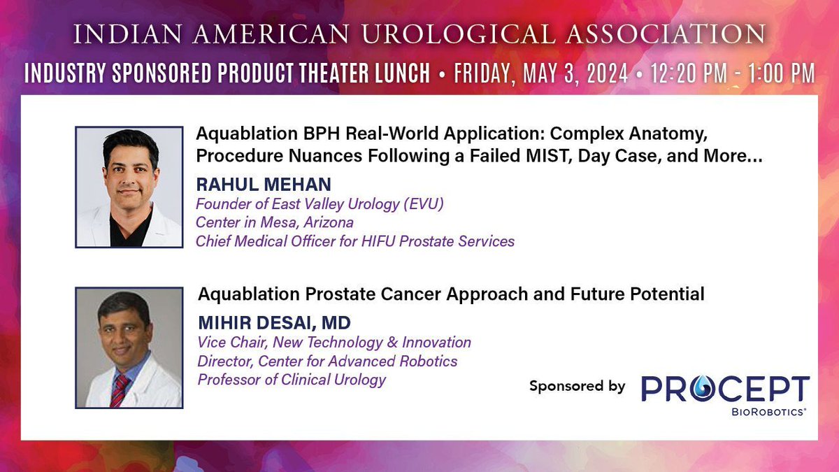 Indian American Urological Association (@iauasociety) on Twitter photo Lunch sponsored by <a href="/PROCEPTRobotics/">PROCEPT BioRobotics</a> will be starting in 30 minutes!
#IAUA2024 #IAUA #AUA24 Lunch sponsored by <a href="/PROCEPTRobotics/">PROCEPT BioRobotics</a> will be starting in 30 minutes!
#IAUA2024 #IAUA #AUA24
