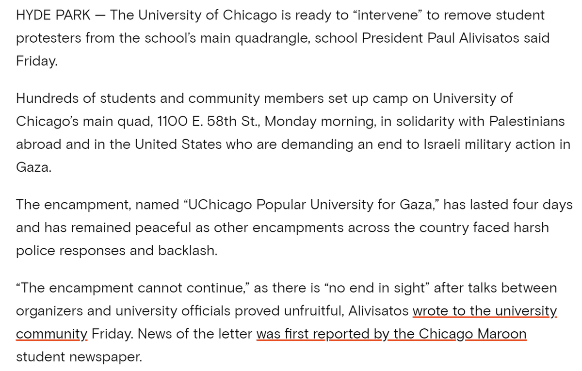 after four days of kids chilling in tents and all of one meeting with protesters, @UChicago admin now talking like they need to send in delta force. absurd, reckless, horrifying. blockclubchicago.org/2024/05/03/uch…