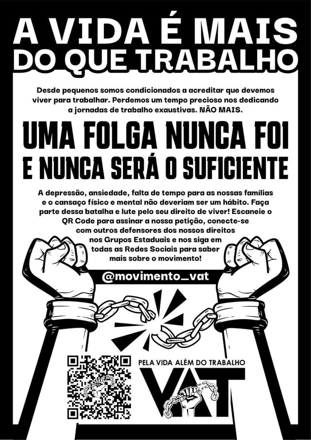 Cada curtida nesse tweet será um panfleto da VAT que vou pregar e distribuir na minha cidade

Pelo fim da escala 6x1

Pela redução da jornada de trabalho de 8h para 6h sem redução salarial ✊