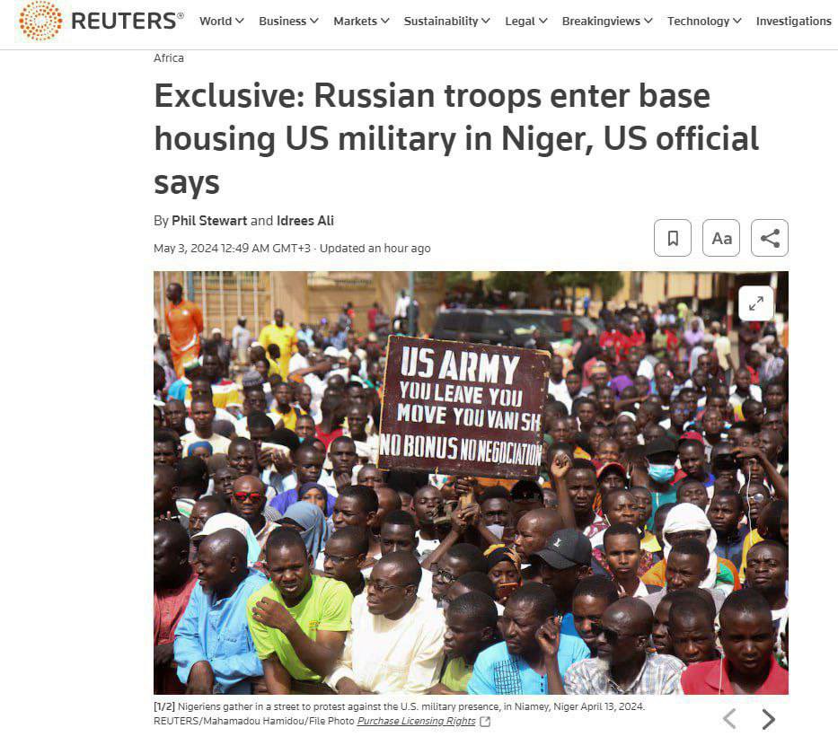 俄羅斯軍隊進入了尼日爾首都尼亞美的一個美國空軍基地，

美國國防部長奧斯汀在評論這一情況時表示，俄羅斯人位於一個單獨的建築群中，他們無法接觸美國軍隊和美國軍事裝備。