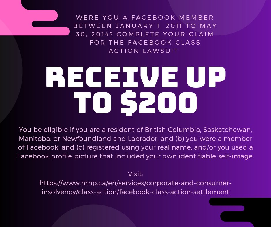 Rarely do you have the chance to earn from Facebook. Don't let this opportunity slip away! 🤑
#Canada #Facebook #Classaction