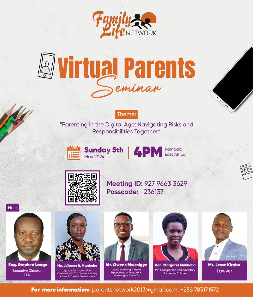 On Sunday, May 5th, 2024, the Family Life Network is hosting a virtual parent seminar themed 'Parenting in the Digital Age: Navigating Risks and Responsibilities Together.'  Don't Miss! 

Scan the QR code for more info.
#digitalcitizenship 
#SafeScreensSafeKids @UCC_Official
