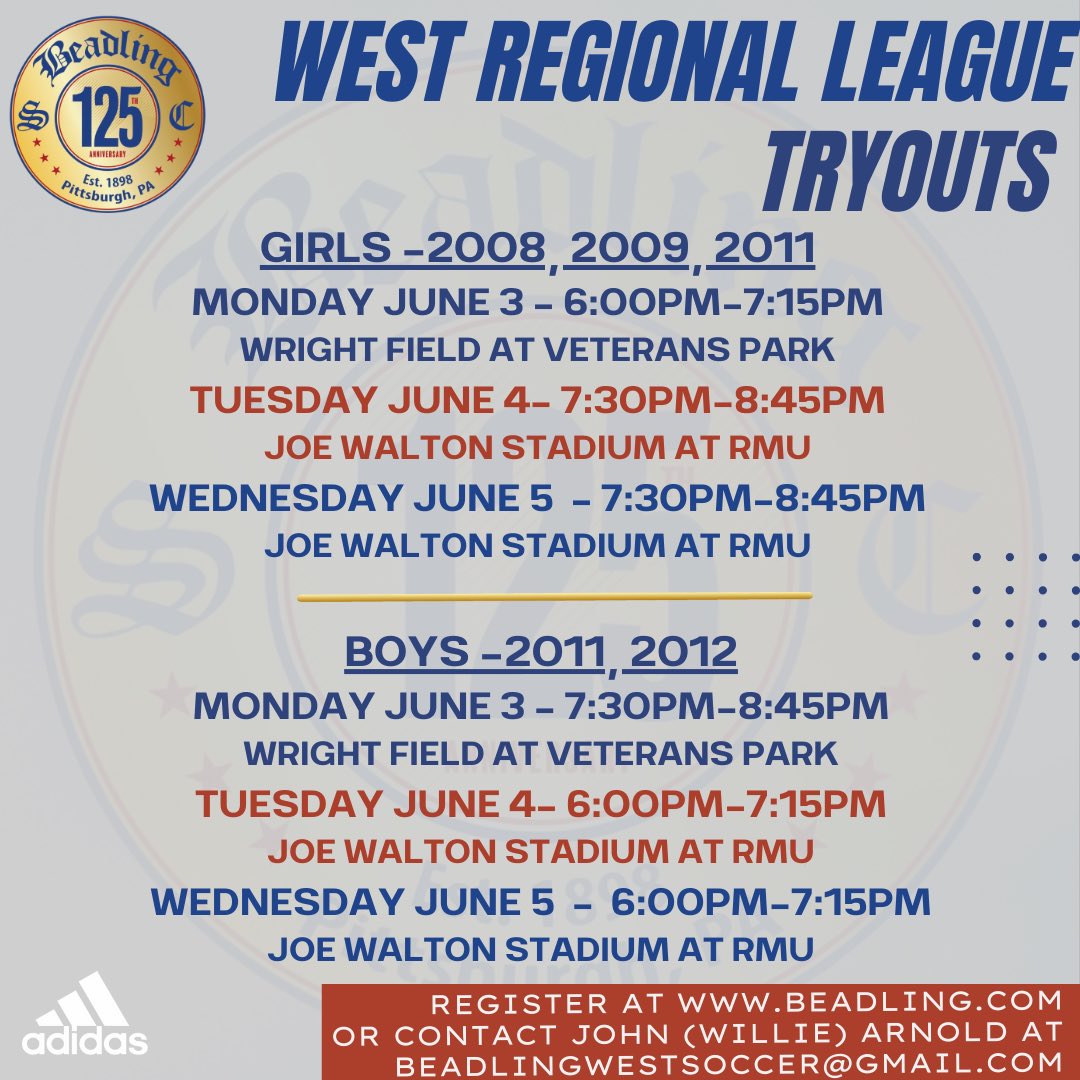 2024/25 West tryout schedule is here! You can register for tryouts at Beadling.com. We look forward to seeing you there! #WearTheB